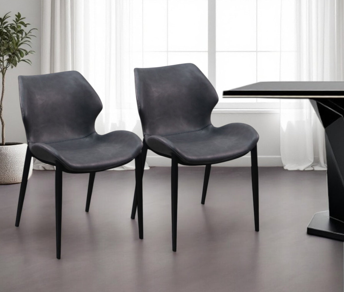 Set of Two Gray and Black Upholstered Faux Leather Wing Back Dining Side Chairs-0