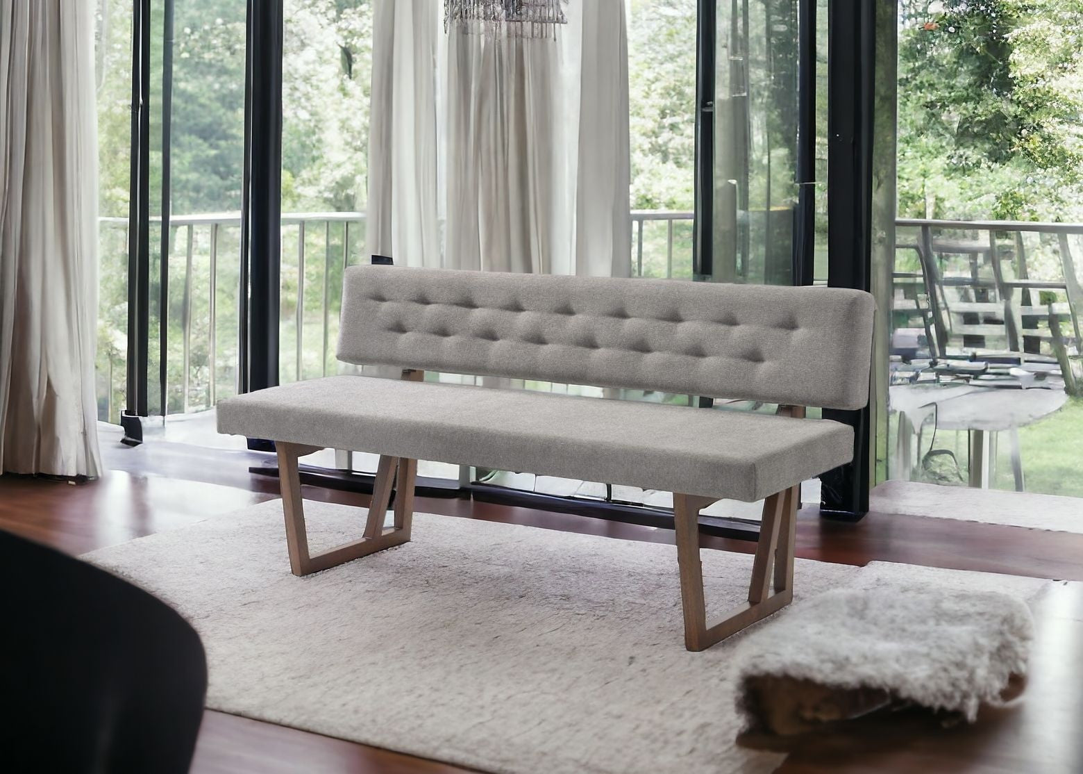 63" Gray and Brown Upholstered Linen Blend Dining Bench-4