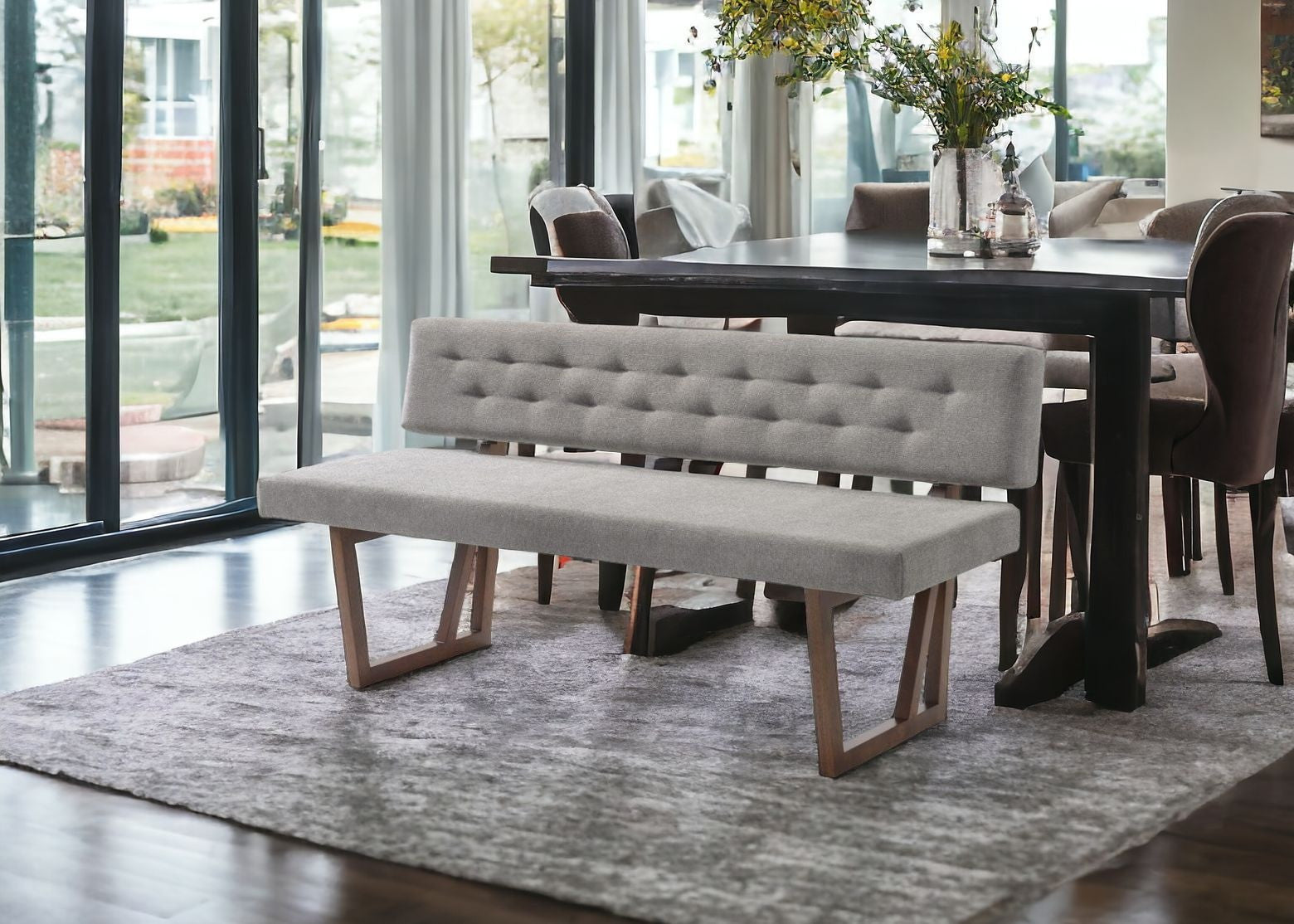 63" Gray and Brown Upholstered Linen Blend Dining Bench-3