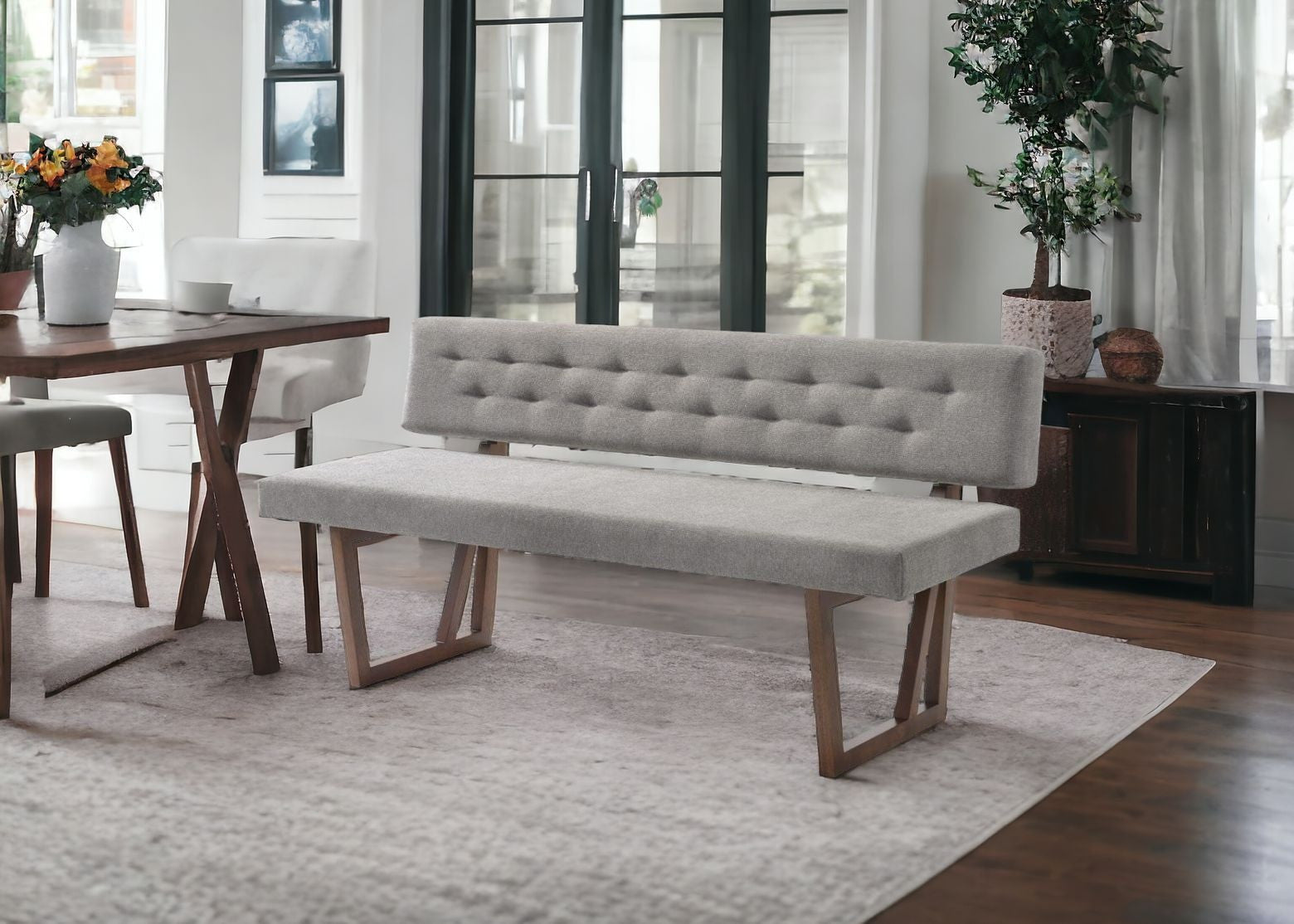 63" Gray and Brown Upholstered Linen Blend Dining Bench-2