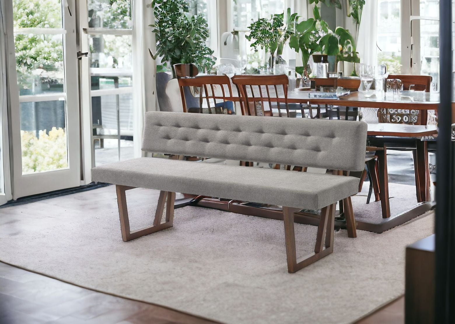 63" Gray and Brown Upholstered Linen Blend Dining Bench-5