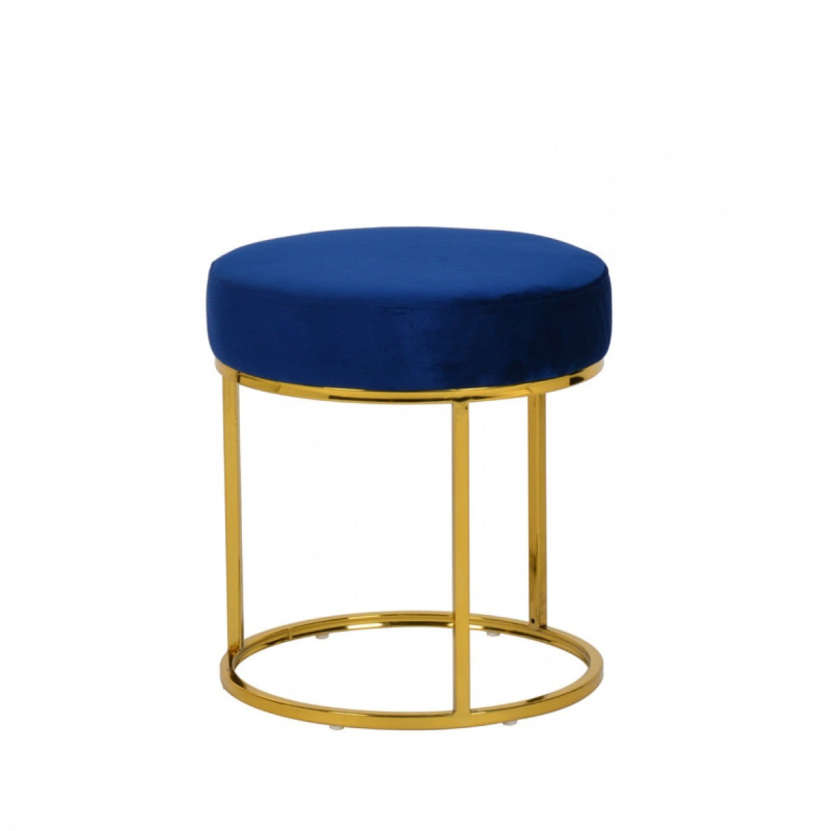 16" Blue Velvet And Gold Round Footstool Ottoman-1
