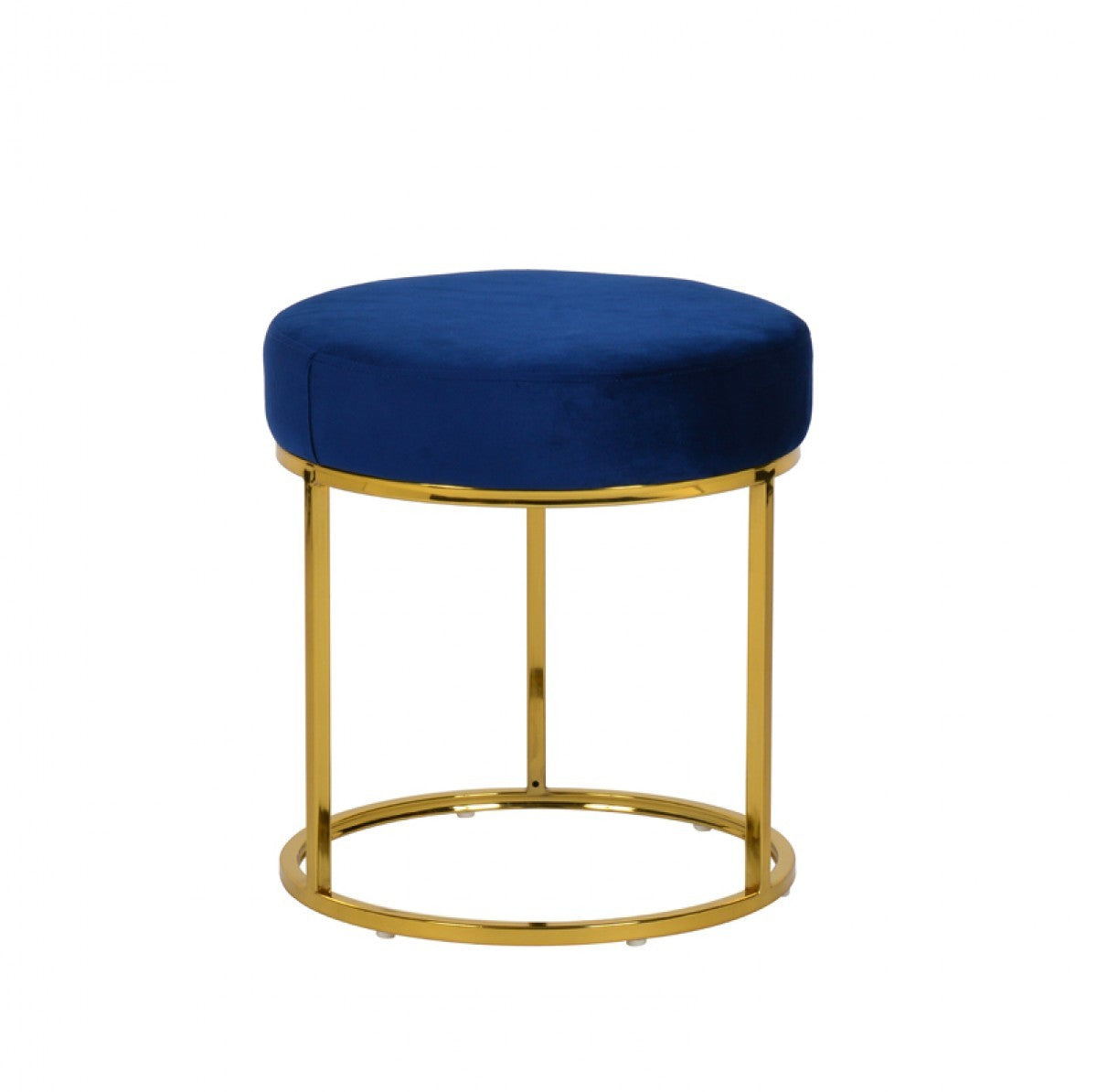 16" Blue Velvet And Gold Round Footstool Ottoman-2