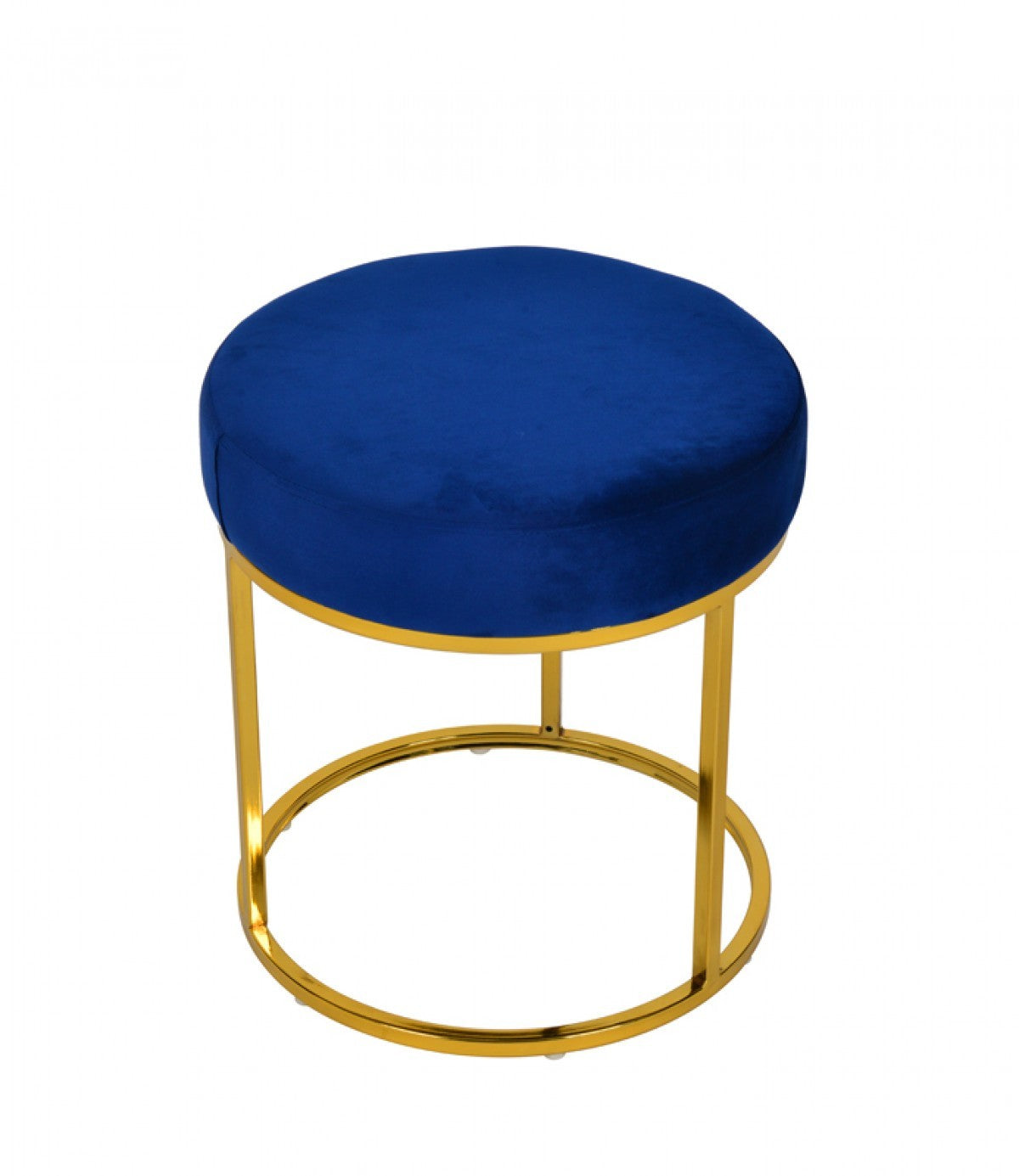 16" Blue Velvet And Gold Round Footstool Ottoman-3