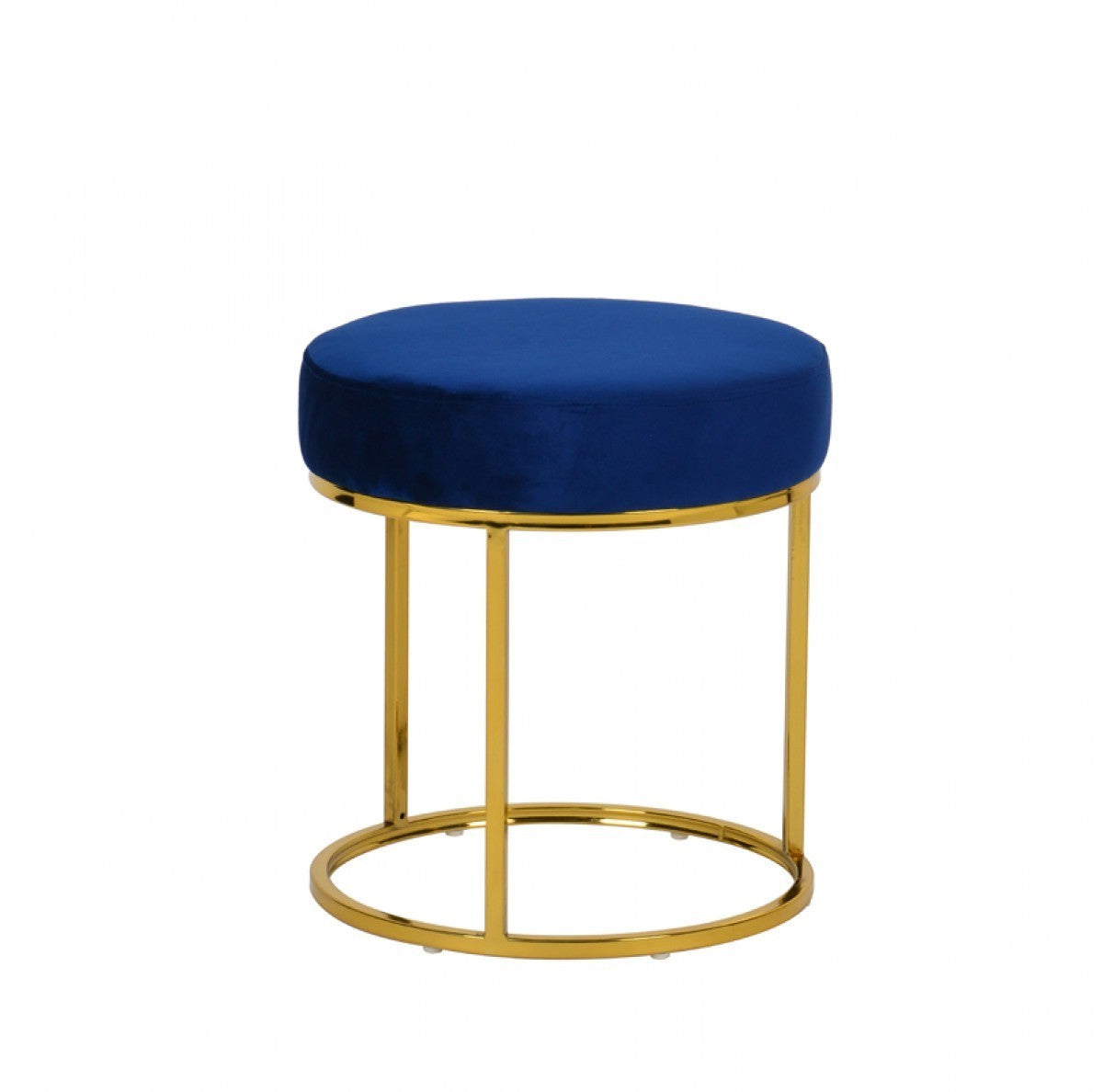16" Blue Velvet And Gold Round Footstool Ottoman-4