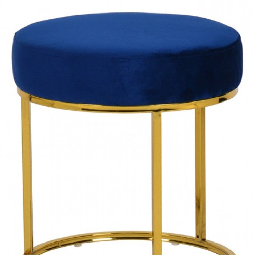 16" Blue Velvet And Gold Round Footstool Ottoman-5