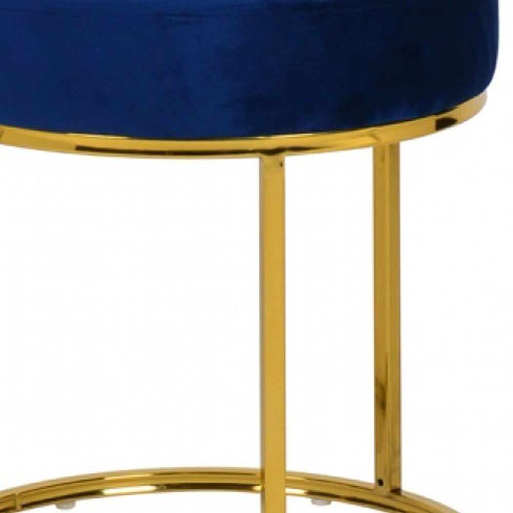 16" Blue Velvet And Gold Round Footstool Ottoman-6