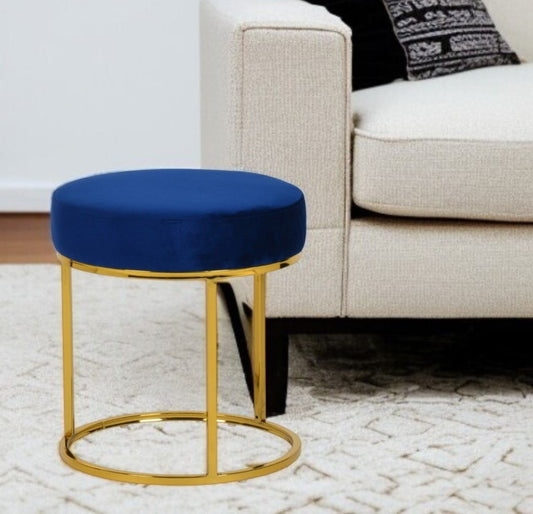 16" Blue Velvet And Gold Round Footstool Ottoman-0