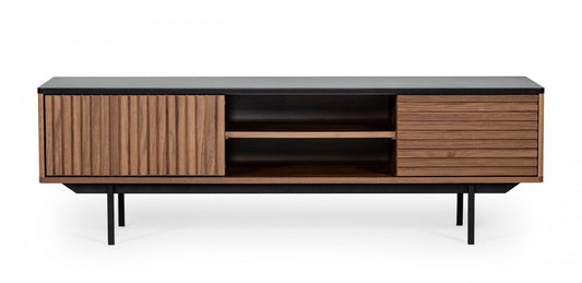 63" Walnut And Gray Wood Open And Enclosed Storage TV Stand-1