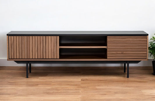 63" Walnut And Gray Wood Open And Enclosed Storage TV Stand-0
