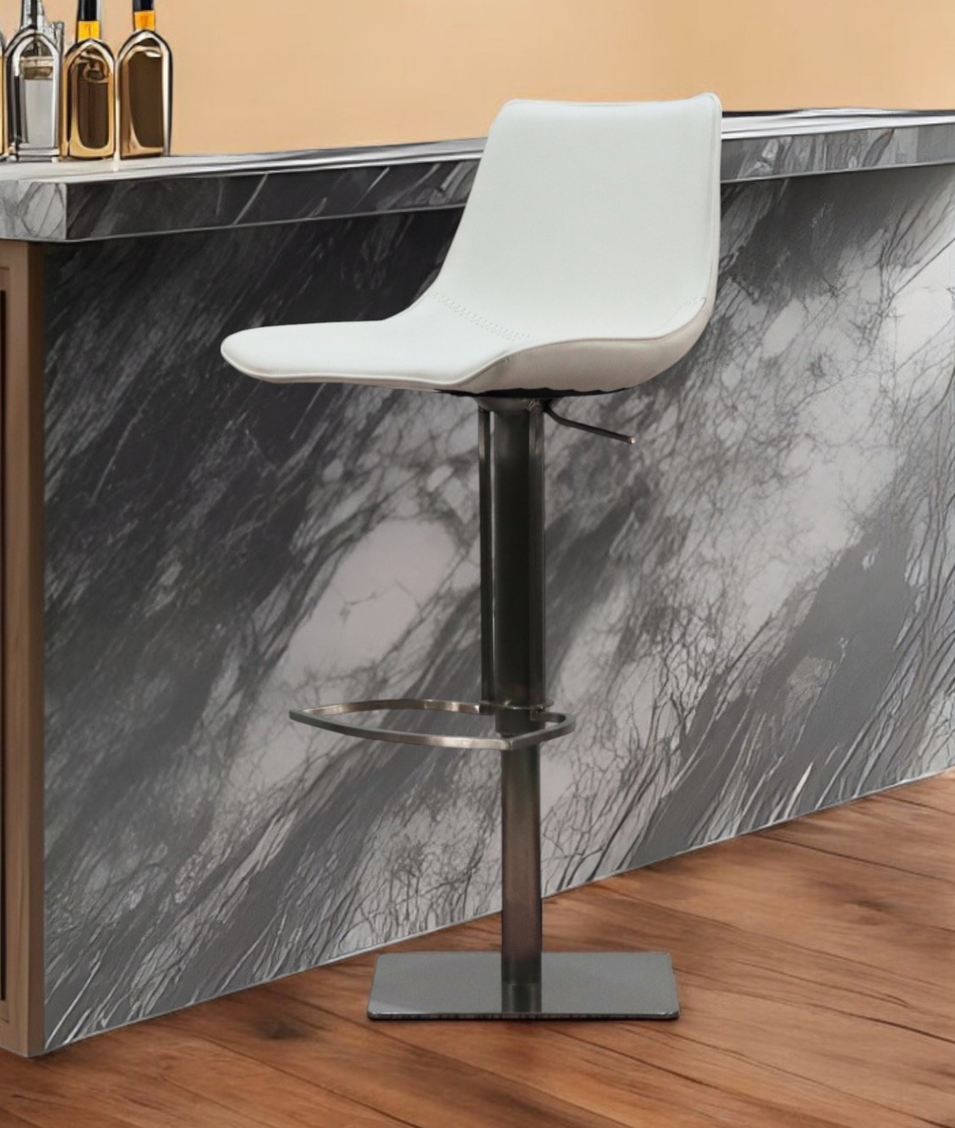 29" White and Silver Faux Leather and Stainless Steel Bar Height Swivel Bar Chair-0
