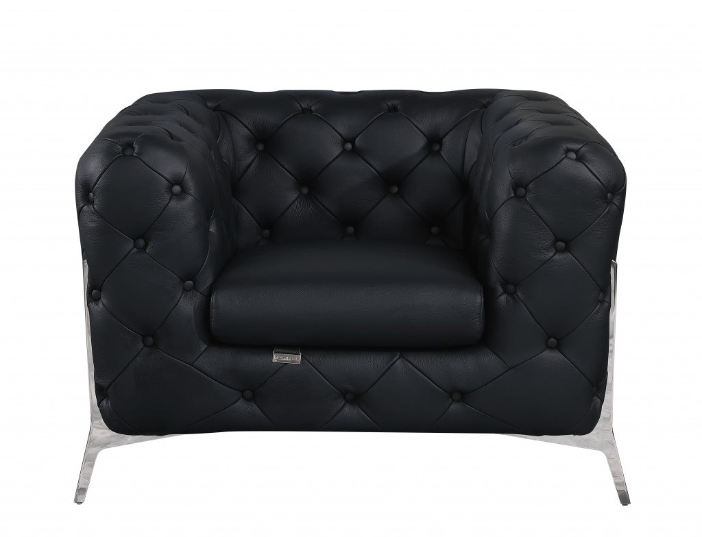 45" Black And Silver Italian Leather Tufted Chesterfield Chair-0