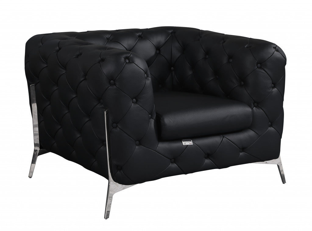 45" Black And Silver Italian Leather Tufted Chesterfield Chair-1