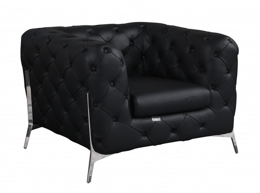 45" Black And Silver Italian Leather Tufted Chesterfield Chair-1