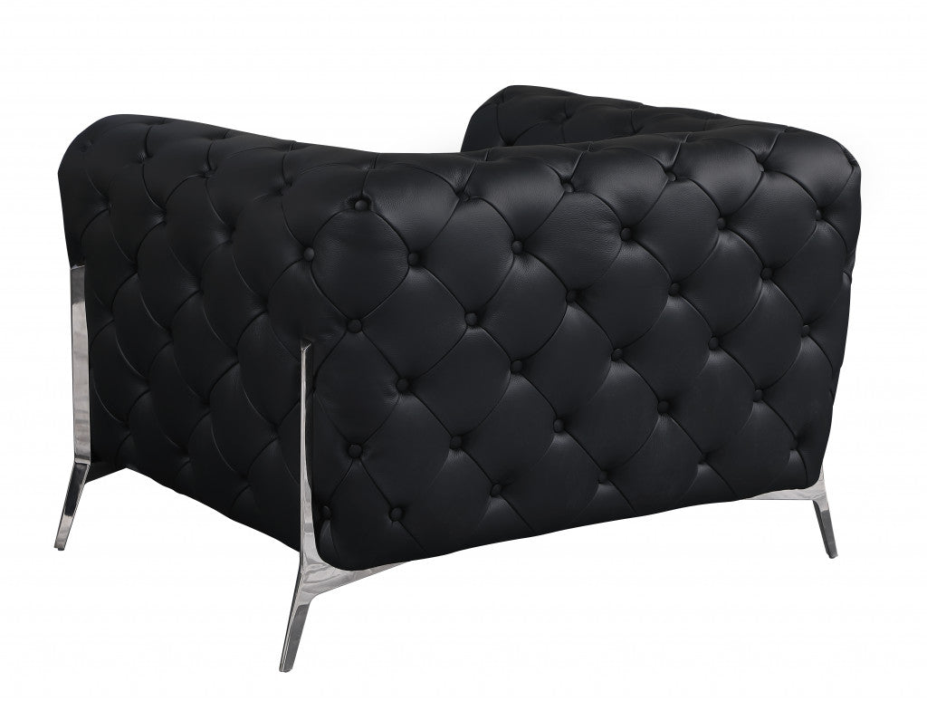 45" Black And Silver Italian Leather Tufted Chesterfield Chair-2