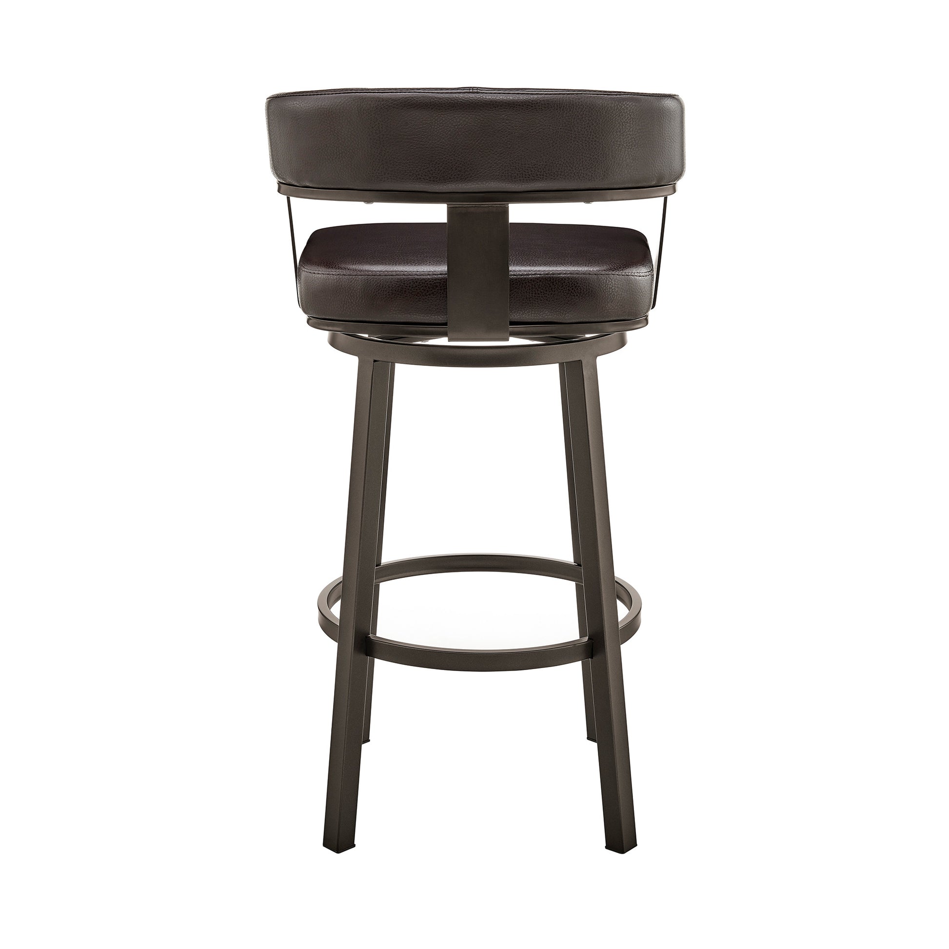 30" Chocolate And Gray Faux Leather And Iron Swivel Low Back Bar Height Bar Chair-5