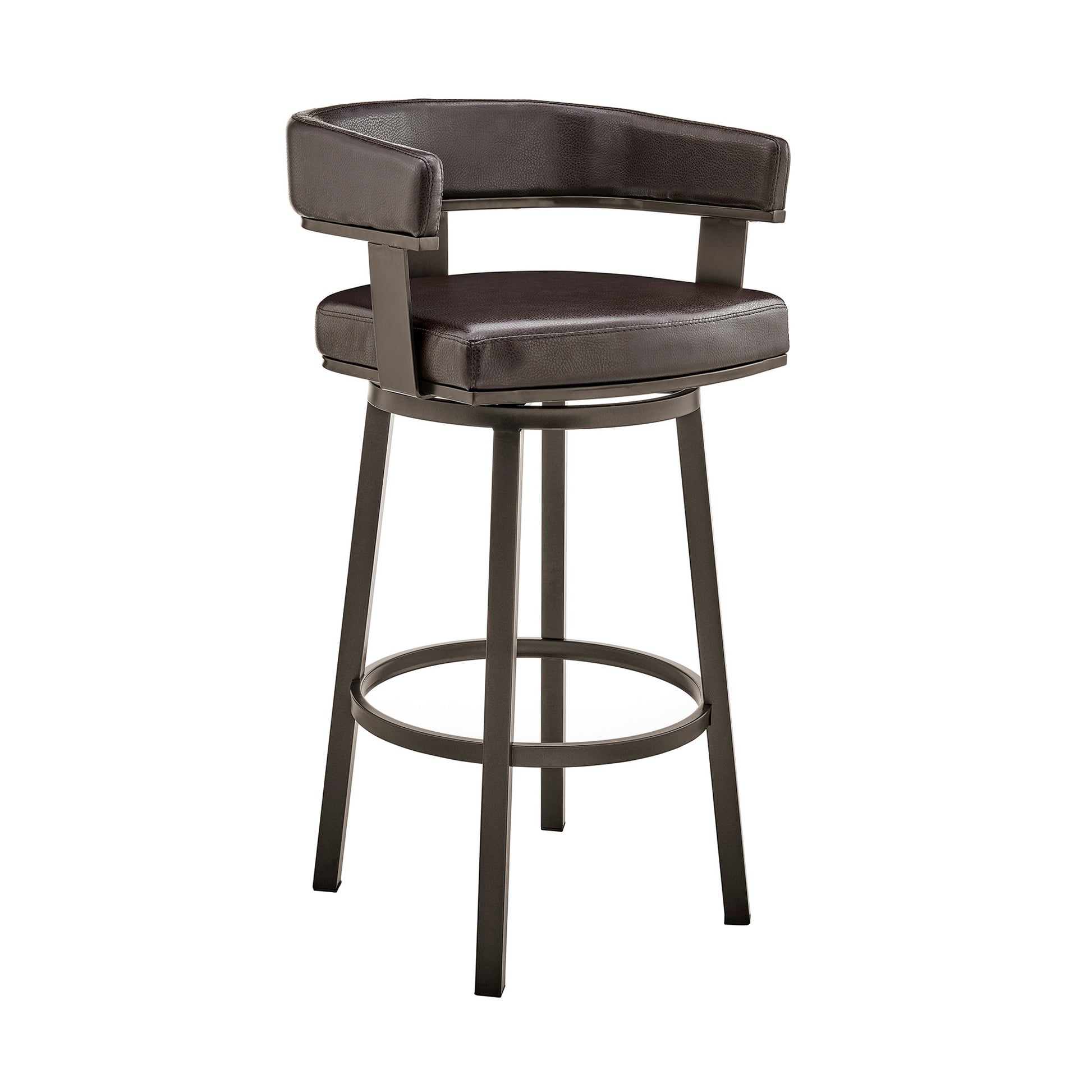 30" Chocolate And Gray Faux Leather And Iron Swivel Low Back Bar Height Bar Chair-0