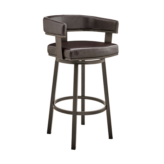 30" Chocolate And Gray Faux Leather And Iron Swivel Low Back Bar Height Bar Chair-0