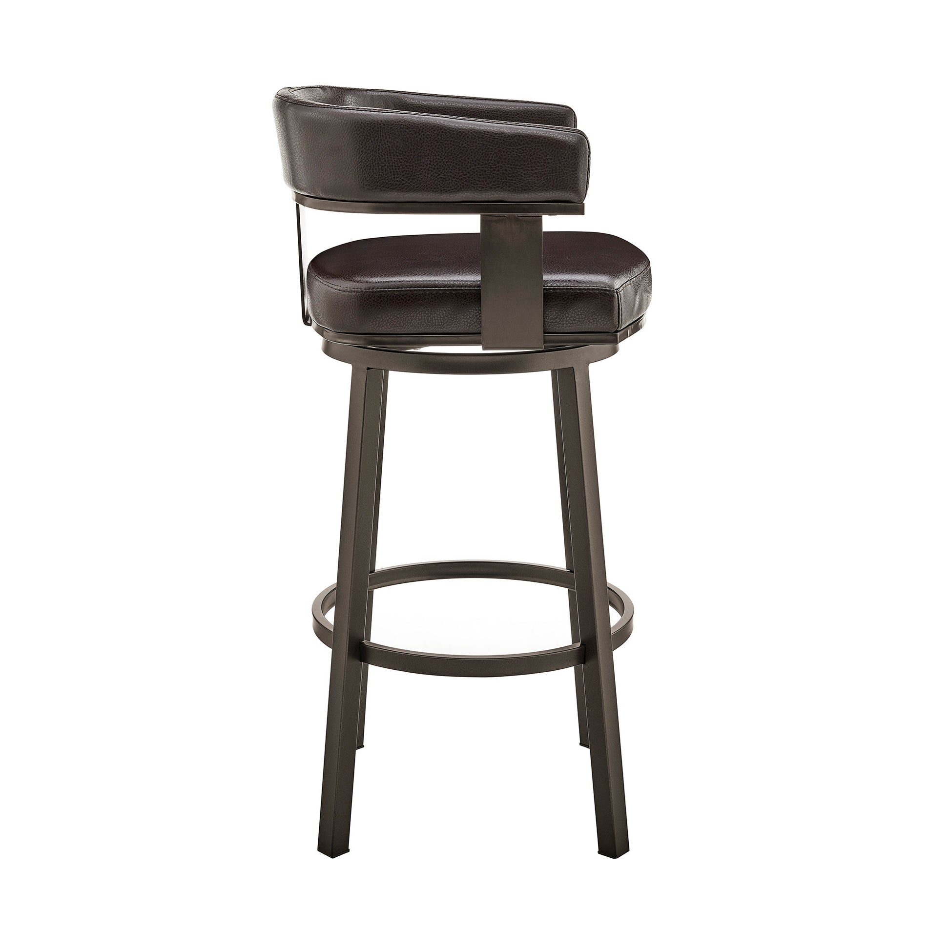 30" Chocolate And Gray Faux Leather And Iron Swivel Low Back Bar Height Bar Chair-3