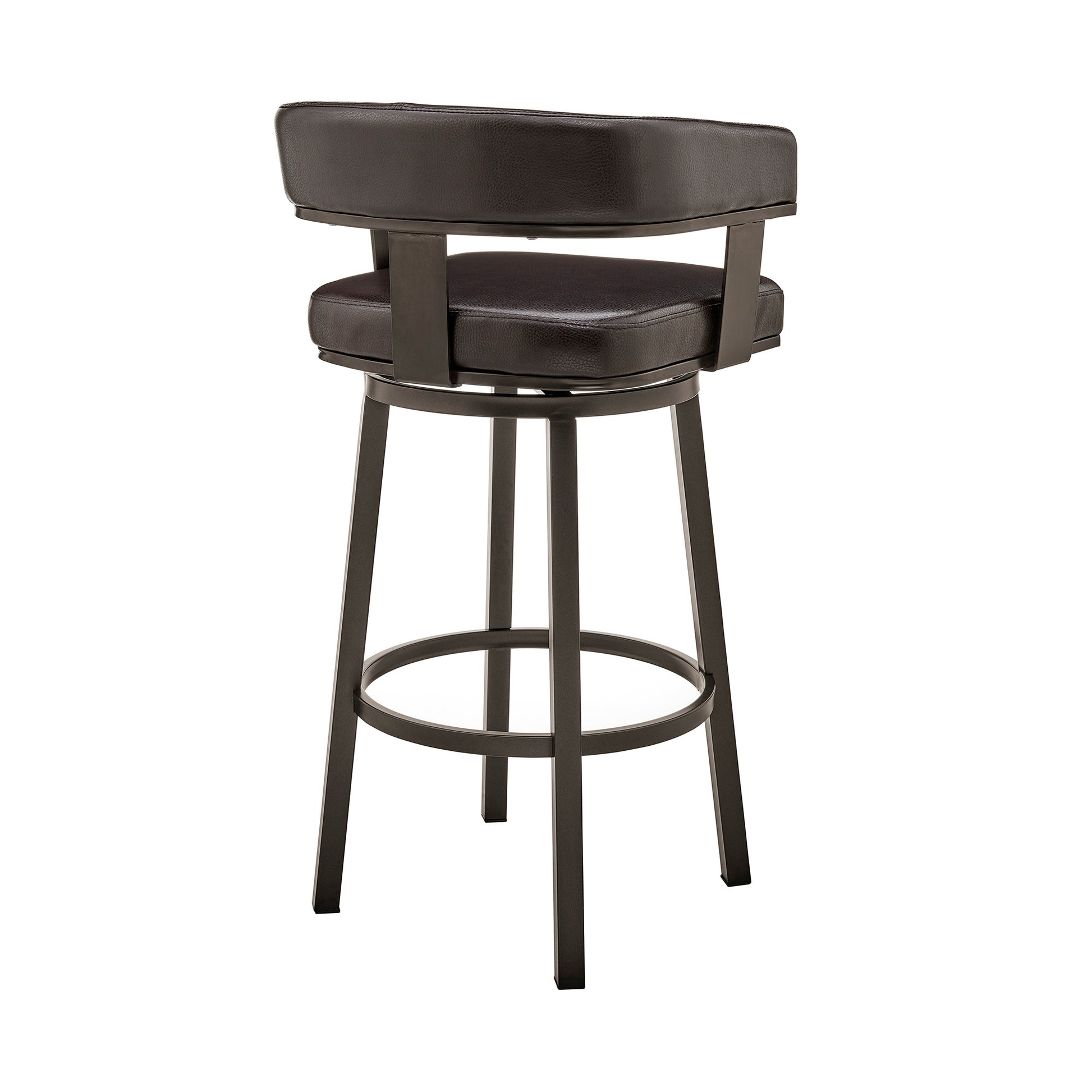 30" Chocolate And Gray Faux Leather And Iron Swivel Low Back Bar Height Bar Chair-4