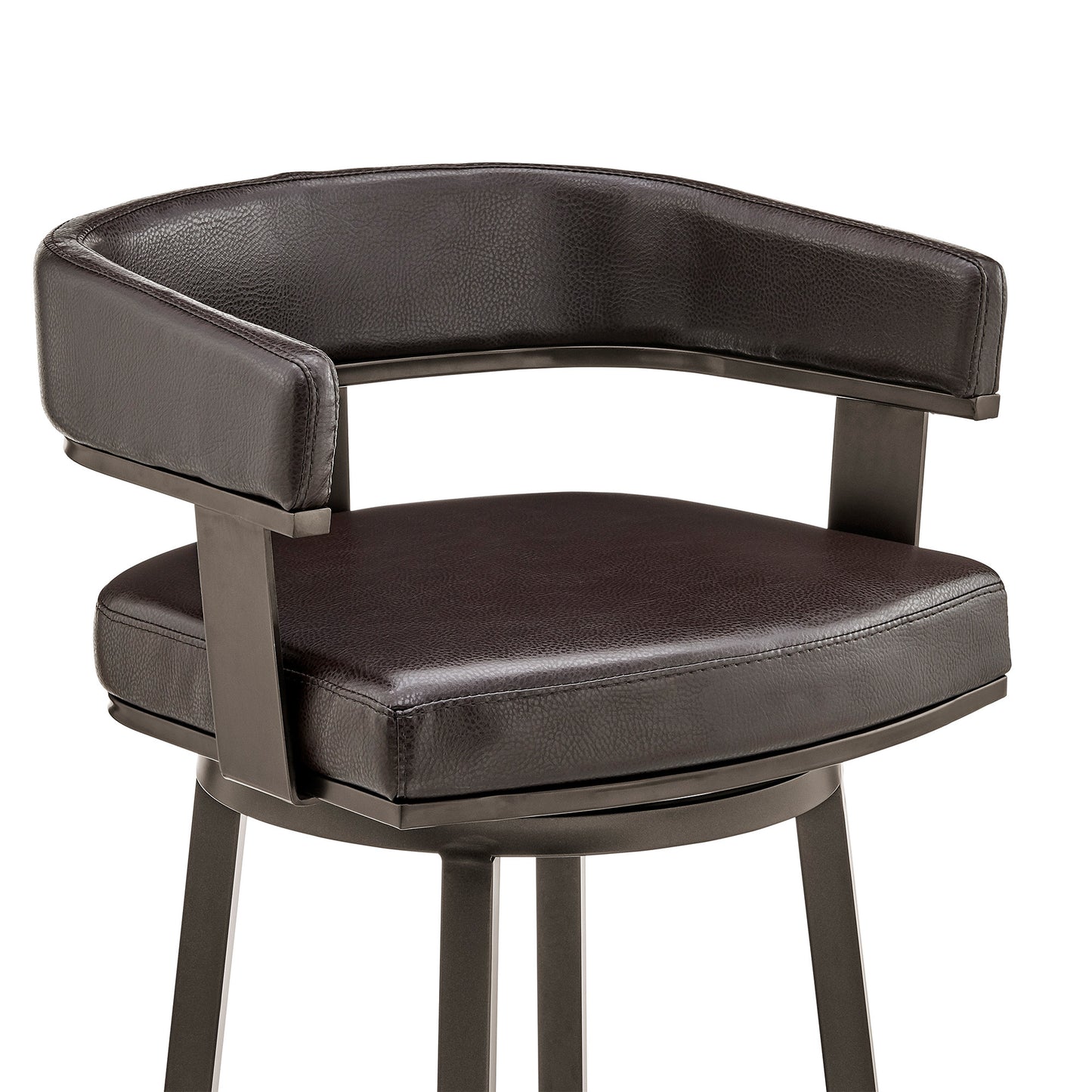 30" Chocolate And Gray Faux Leather And Iron Swivel Low Back Bar Height Bar Chair-6