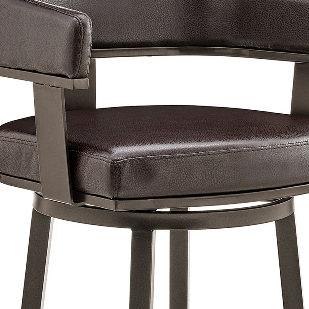 30" Chocolate And Gray Faux Leather And Iron Swivel Low Back Bar Height Bar Chair-8