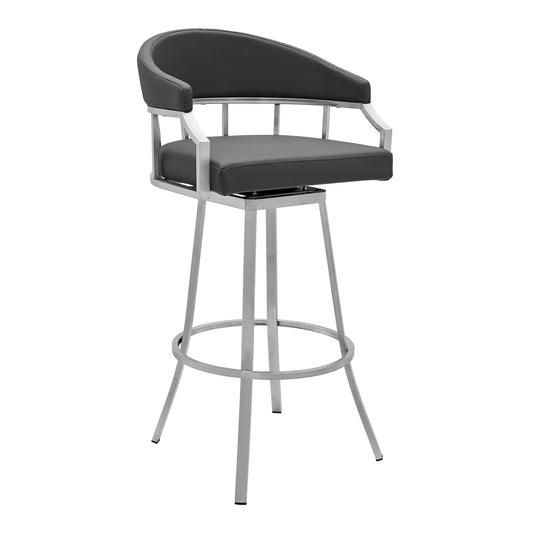 30" Gray And Silver Faux Leather And Iron Swivel Low Back Bar Height Bar Chair-0