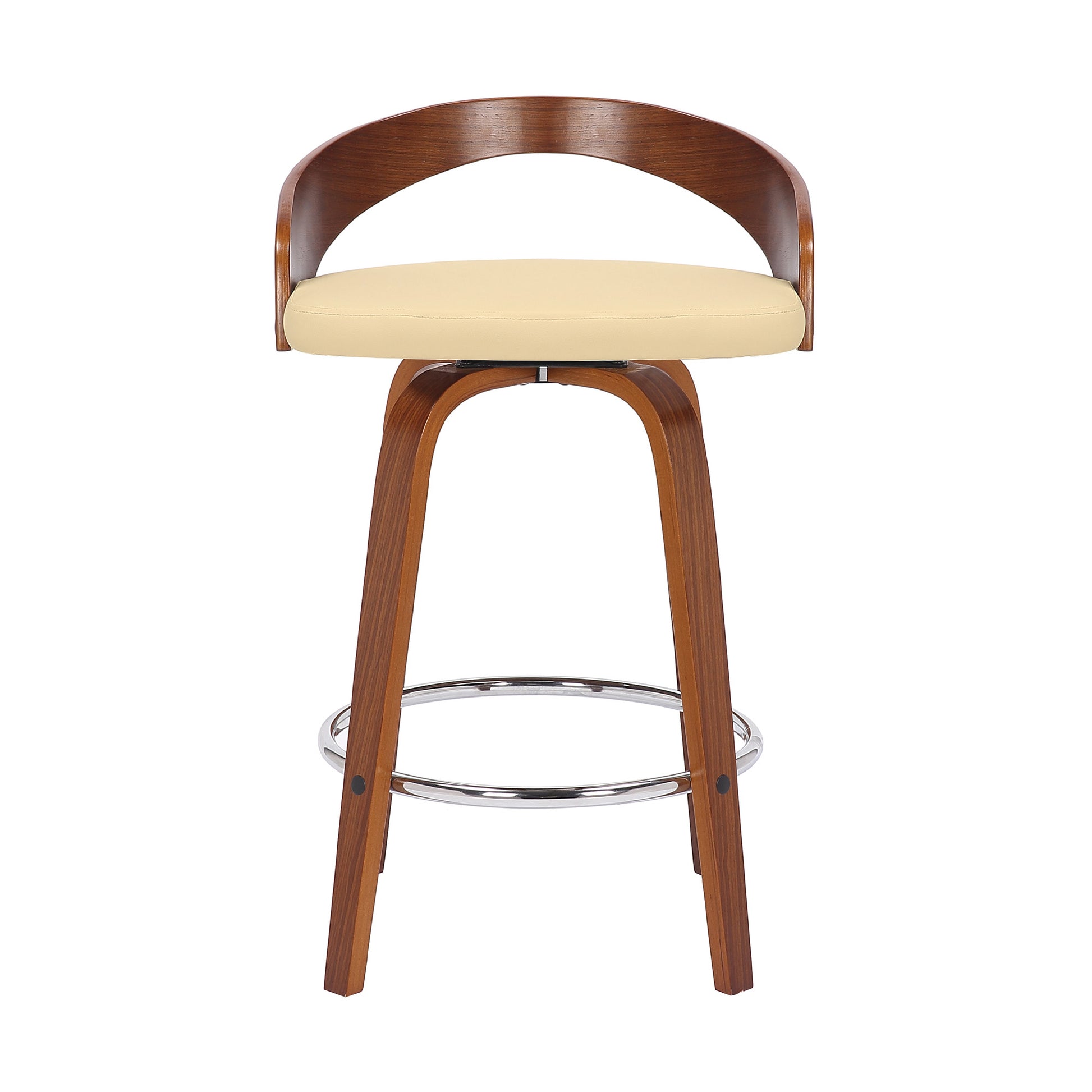 26" Cream and Brown Faux Leather and Solid Wood Low Back Counter Height Swivel Bar Chair-1