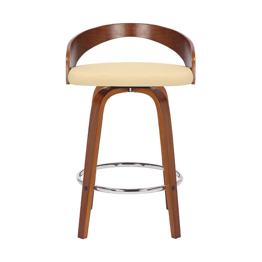 26" Cream and Brown Faux Leather and Solid Wood Low Back Counter Height Swivel Bar Chair-1