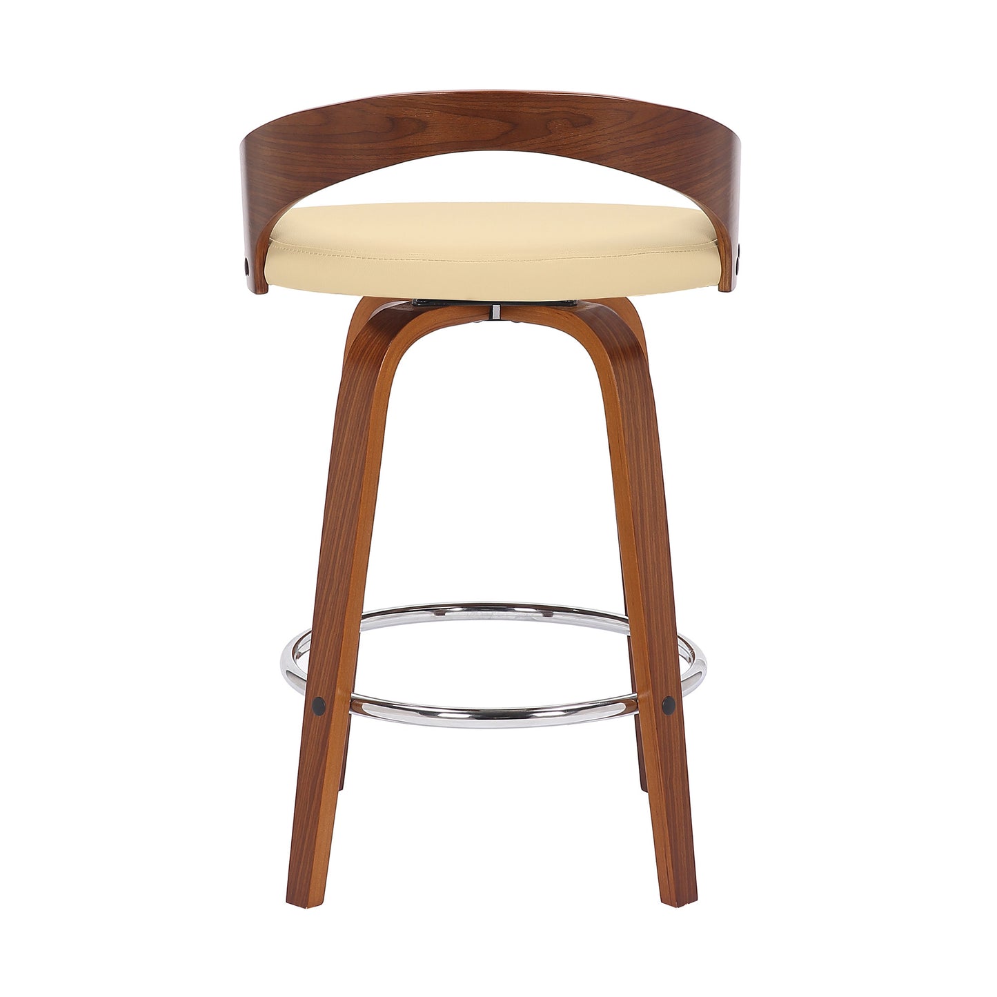 26" Cream and Brown Faux Leather and Solid Wood Low Back Counter Height Swivel Bar Chair-5