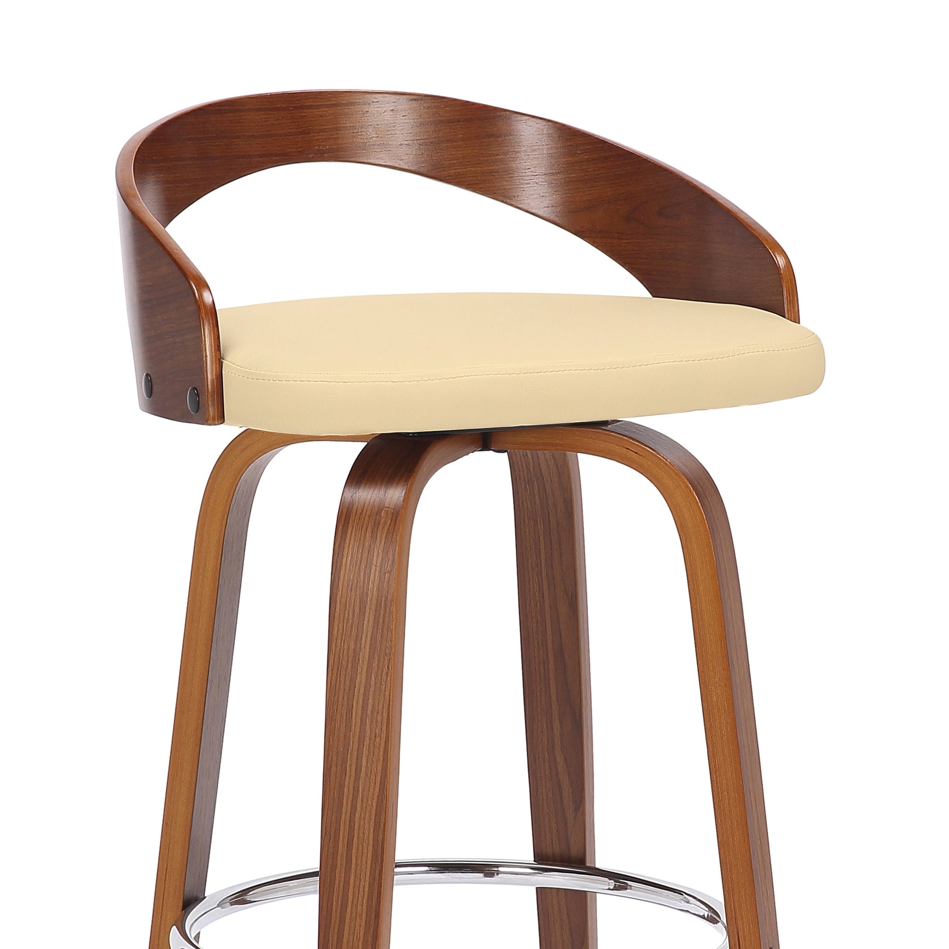 26" Cream and Brown Faux Leather and Solid Wood Low Back Counter Height Swivel Bar Chair-6