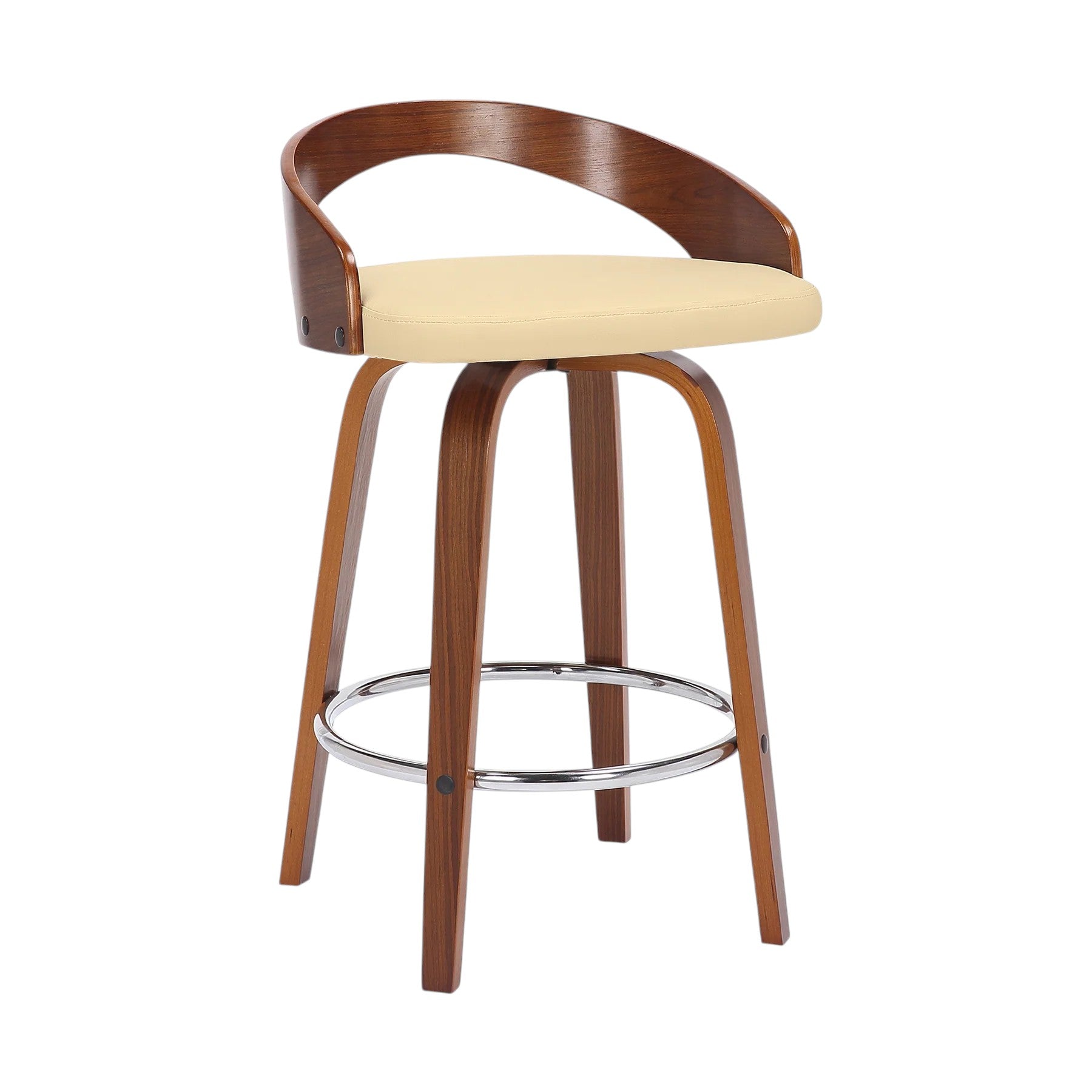 26" Cream and Brown Faux Leather and Solid Wood Low Back Counter Height Swivel Bar Chair-2