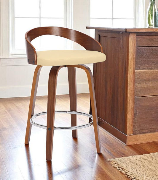 26" Cream and Brown Faux Leather and Solid Wood Low Back Counter Height Swivel Bar Chair-0