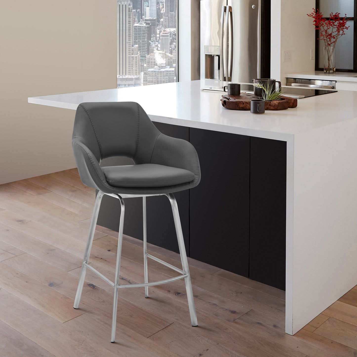 30" Gray And Silver Iron Swivel Low Back Bar Height Bar Chair-8