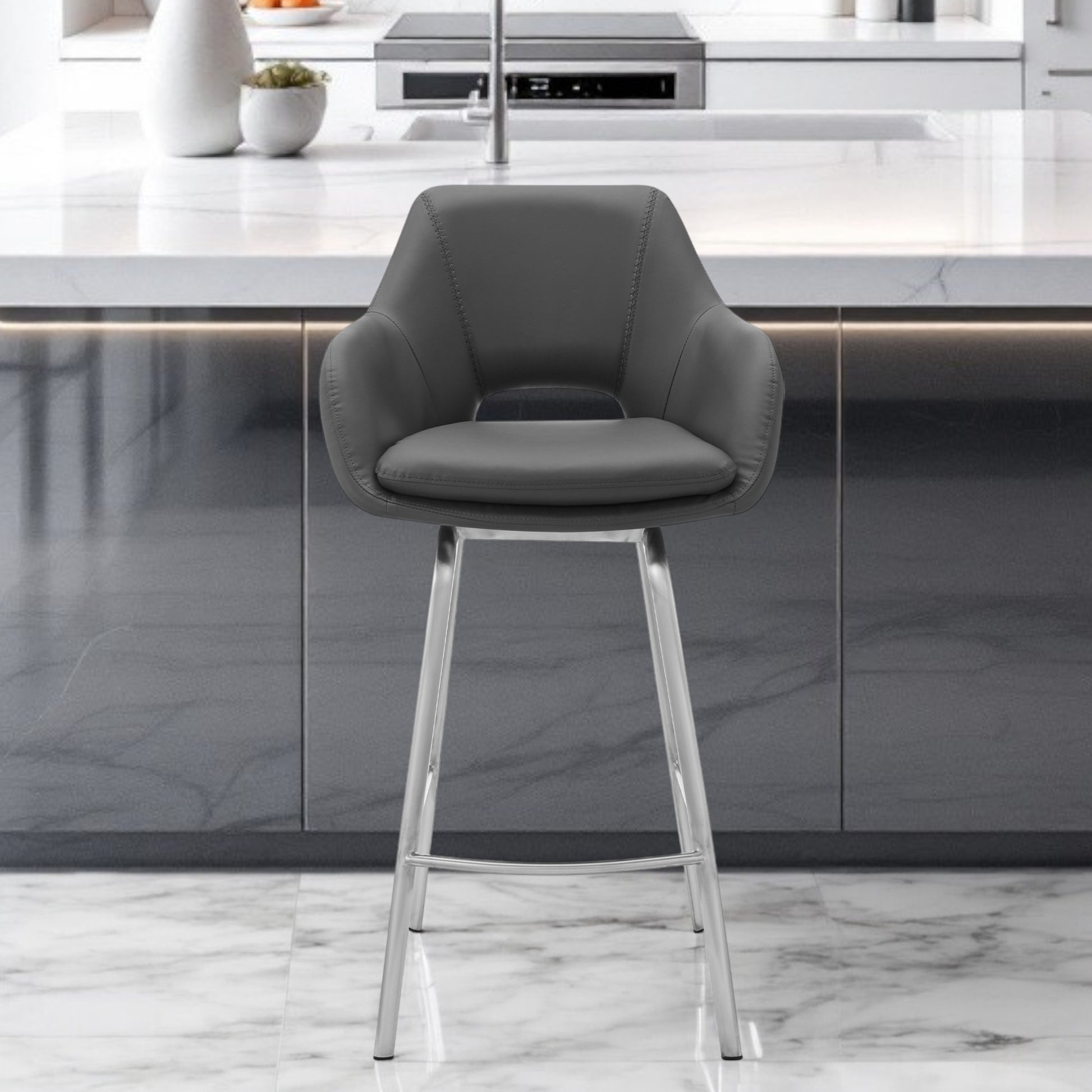 30" Gray And Silver Iron Swivel Low Back Bar Height Bar Chair-0