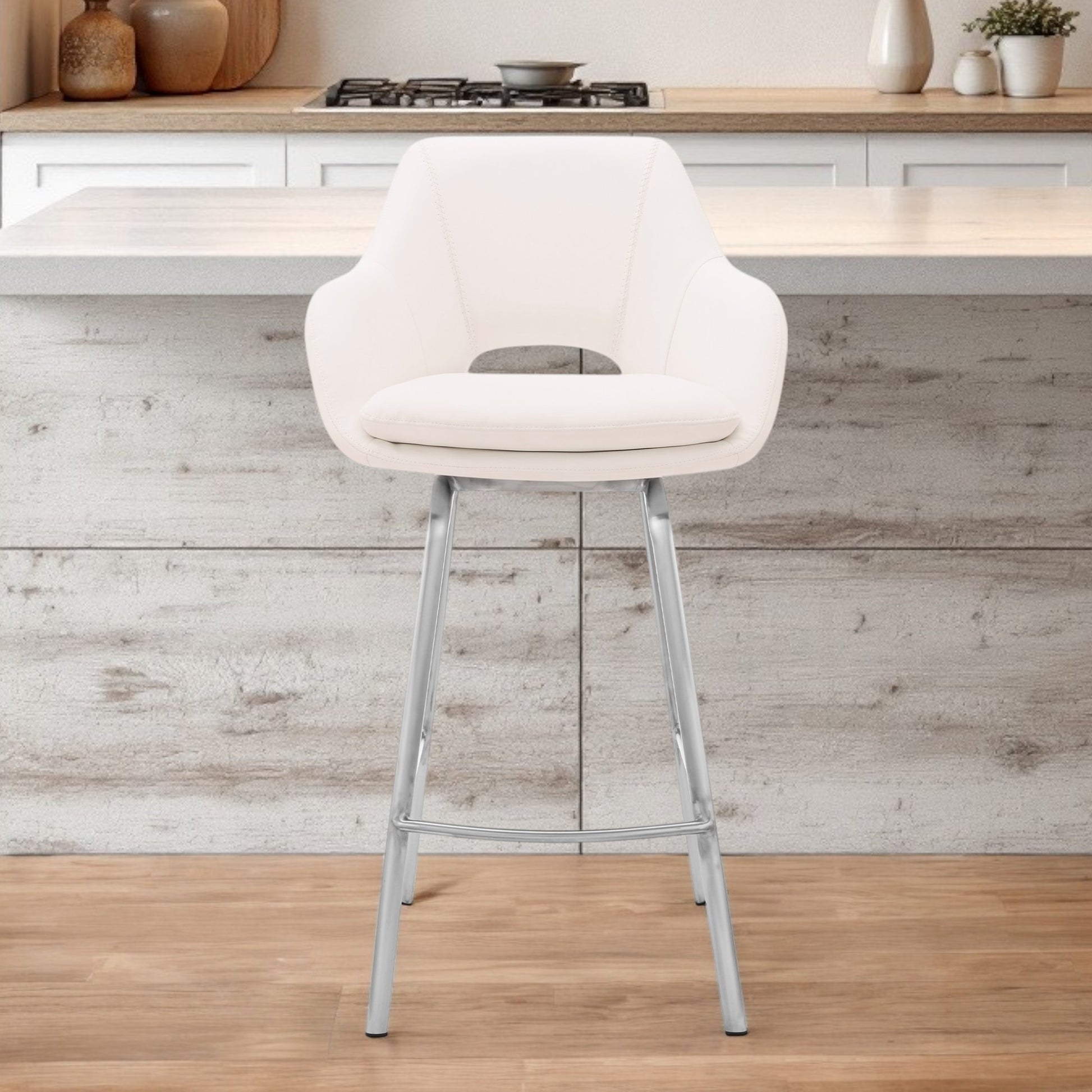 26" White And Silver Iron Swivel Low Back Counter Height Bar Chair-0