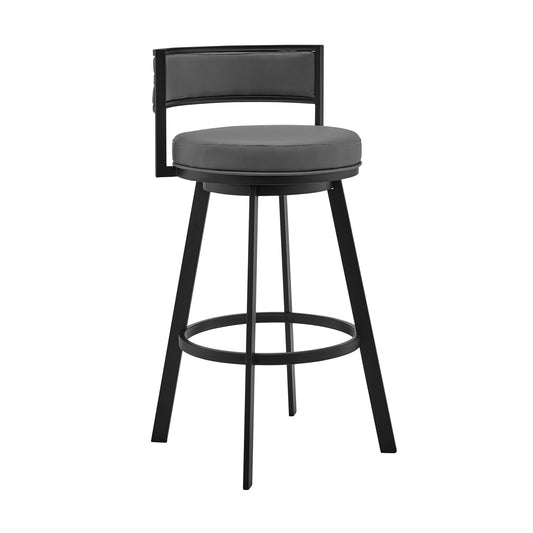 26" Gray And Black Faux Leather And Iron Swivel Low Back Counter Height Bar Chair-0