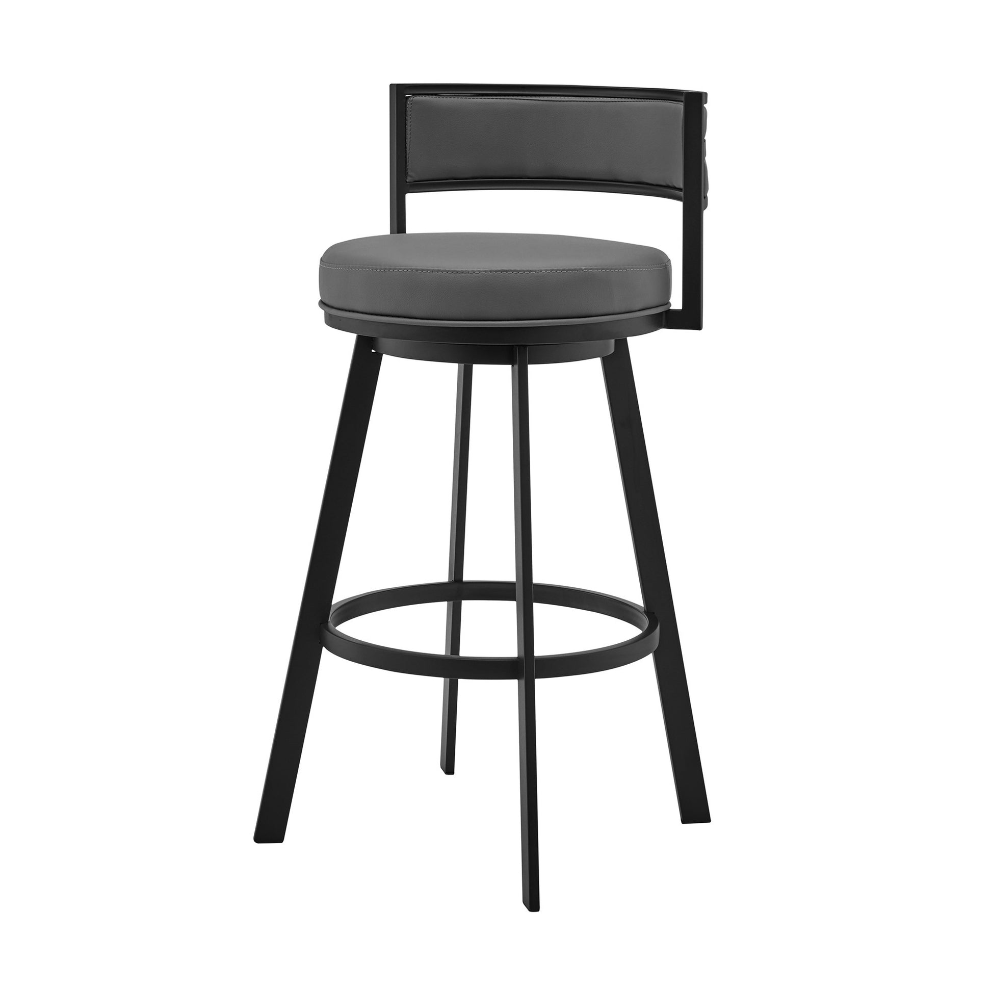 26" Gray And Black Faux Leather And Iron Swivel Low Back Counter Height Bar Chair-8