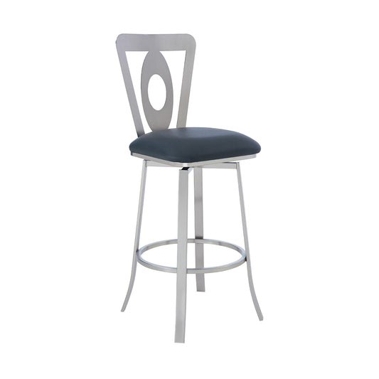 30" Gray And Silver Faux Leather And Iron Swivel Bar Height Bar Chair-0