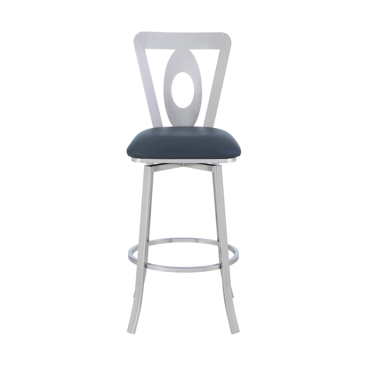 30" Gray And Silver Faux Leather And Iron Swivel Bar Height Bar Chair-2