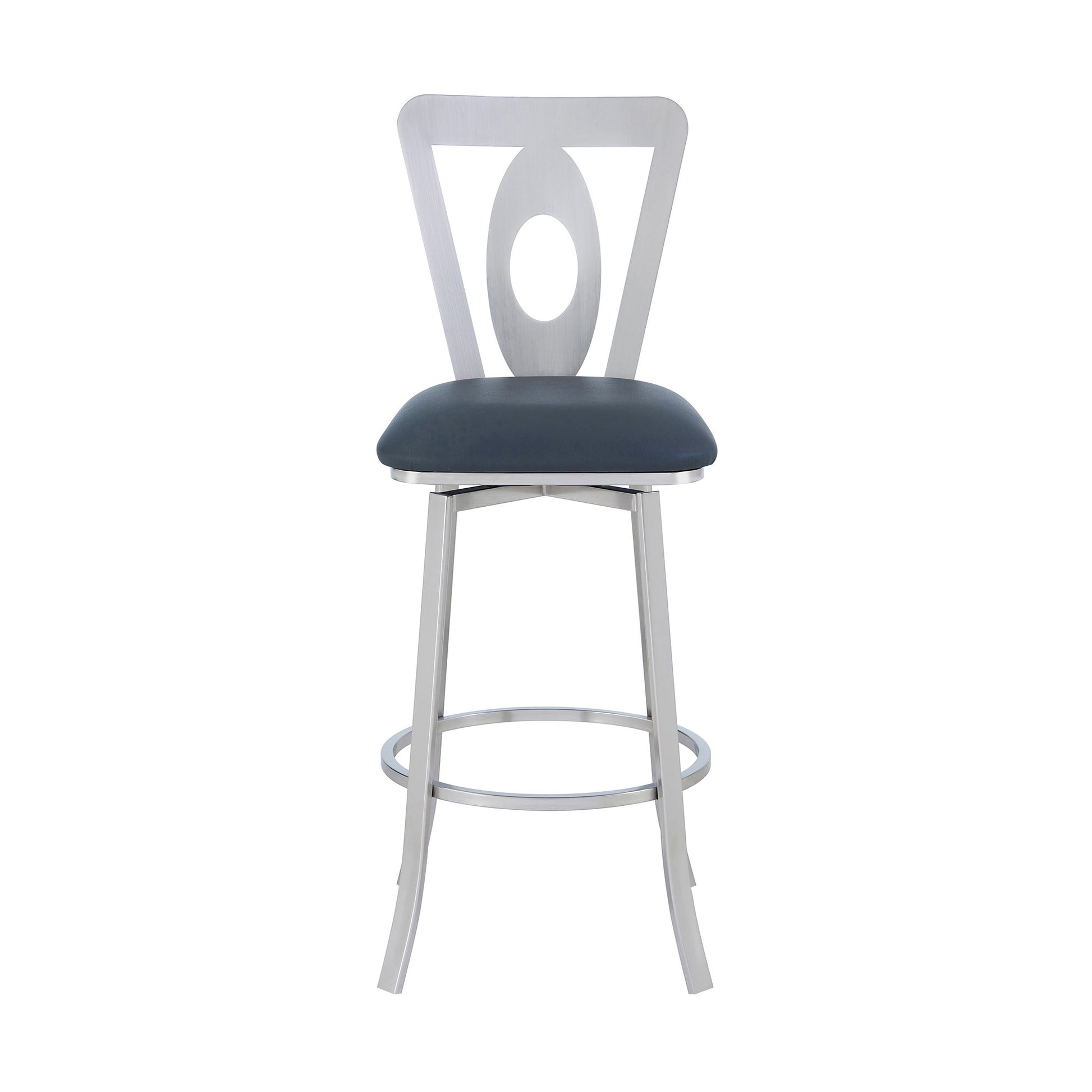 30" Gray And Silver Faux Leather And Iron Swivel Bar Height Bar Chair-2