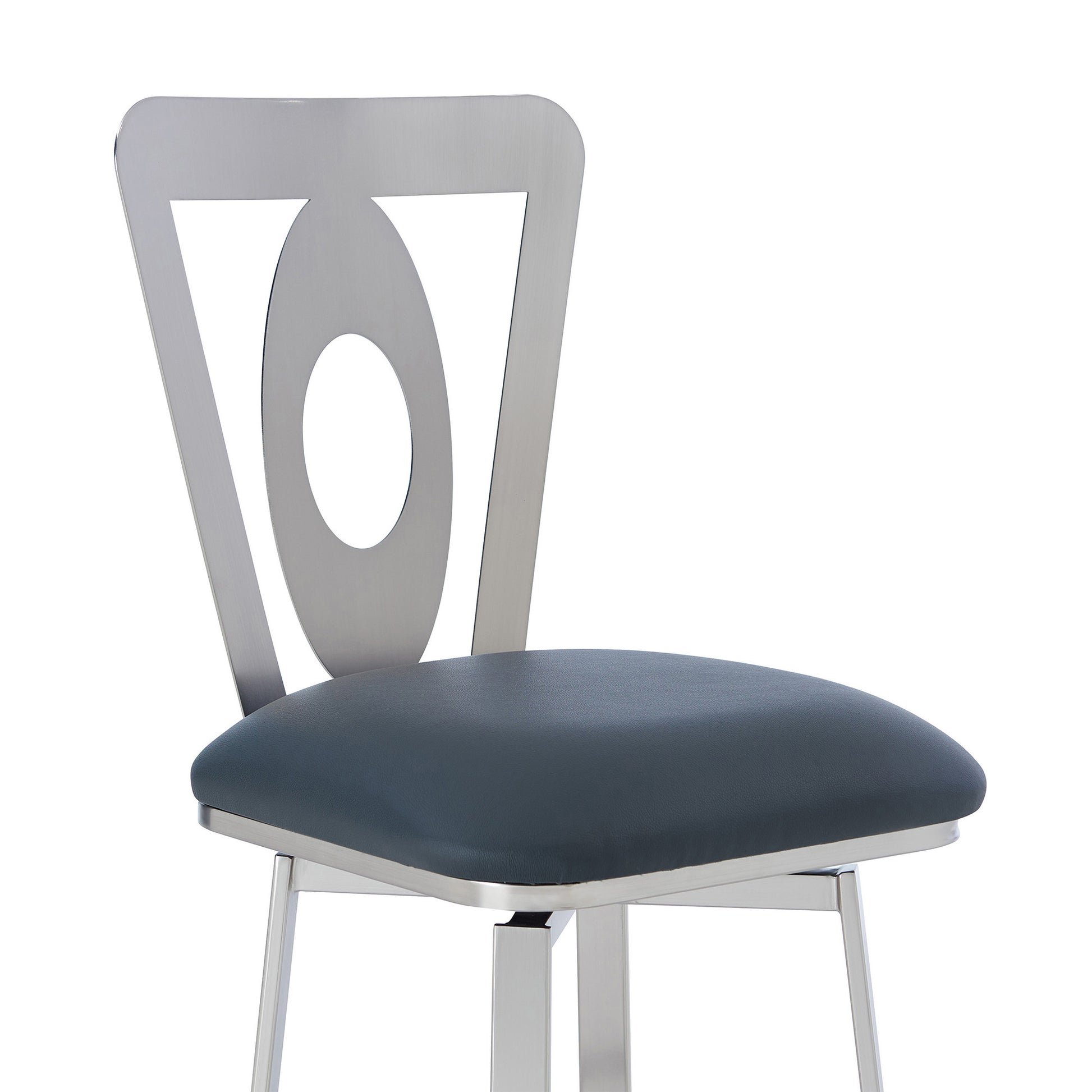 30" Gray And Silver Faux Leather And Iron Swivel Bar Height Bar Chair-5