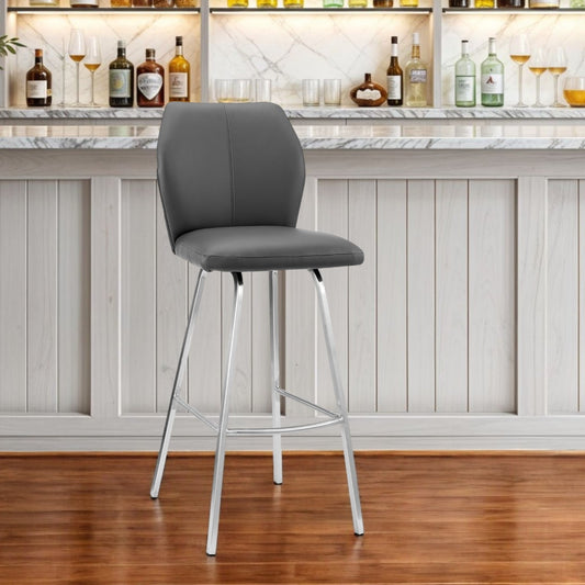 26" Gray And Silver Faux Leather And Iron Counter Height Bar Chair-0