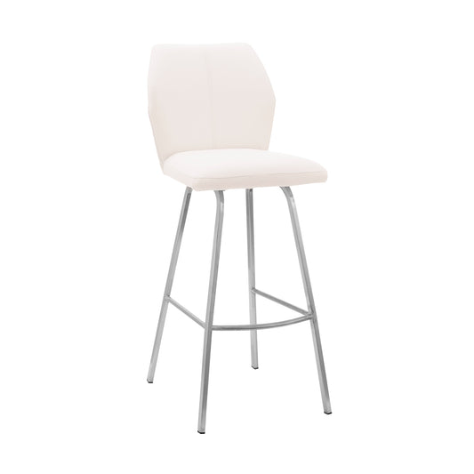 26" White And Silver Faux Leather And Iron Counter Height Bar Chair-0