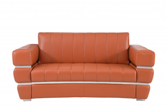 75" Camel And Silver Italian Leather Loveseat-0