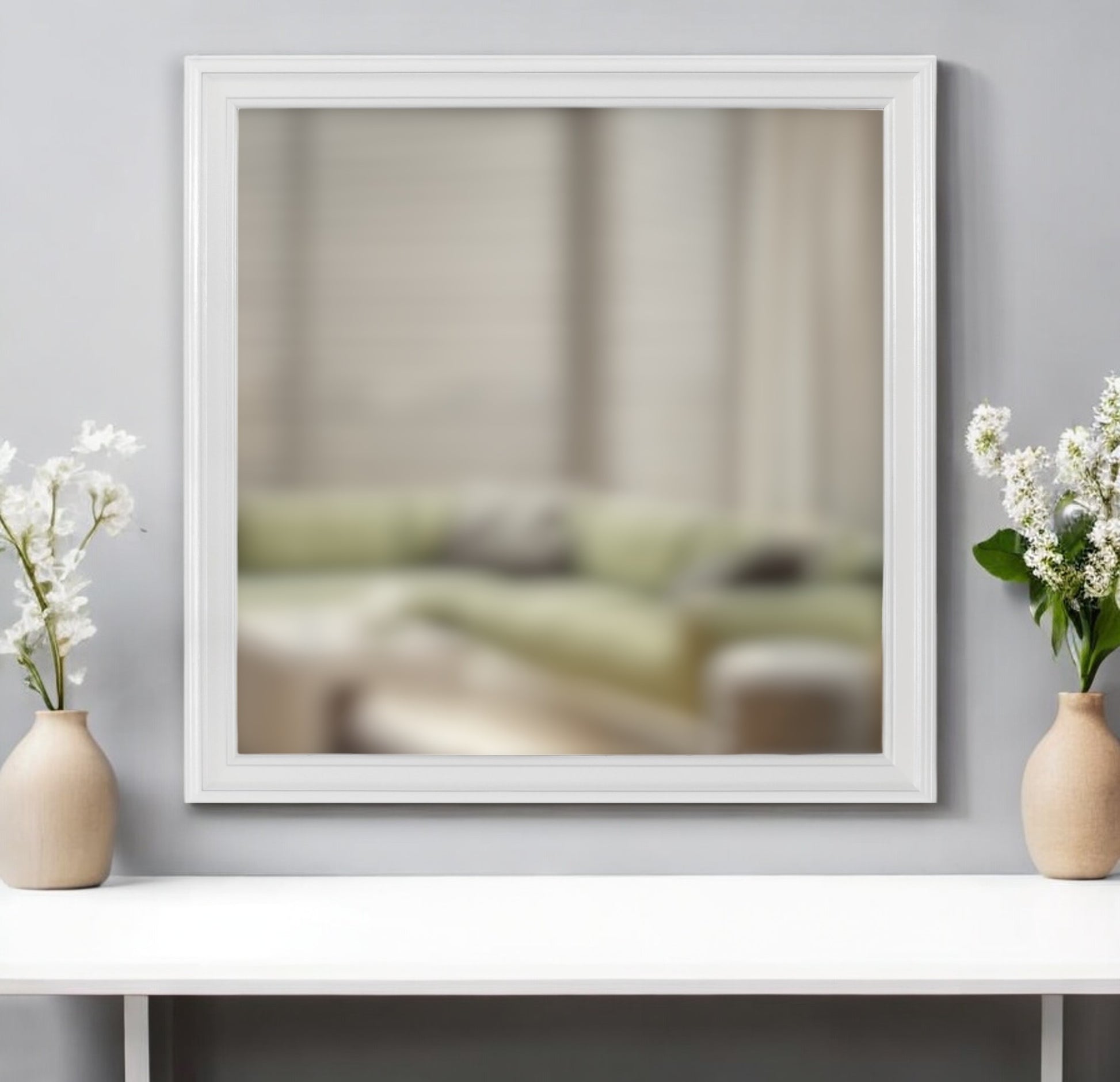 38" White Square Wood Framed Accent Mirror-0