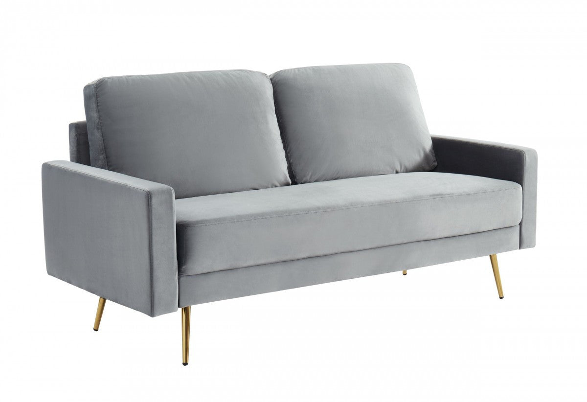 72" Gray Velvet Sofa With Brass Legs-2
