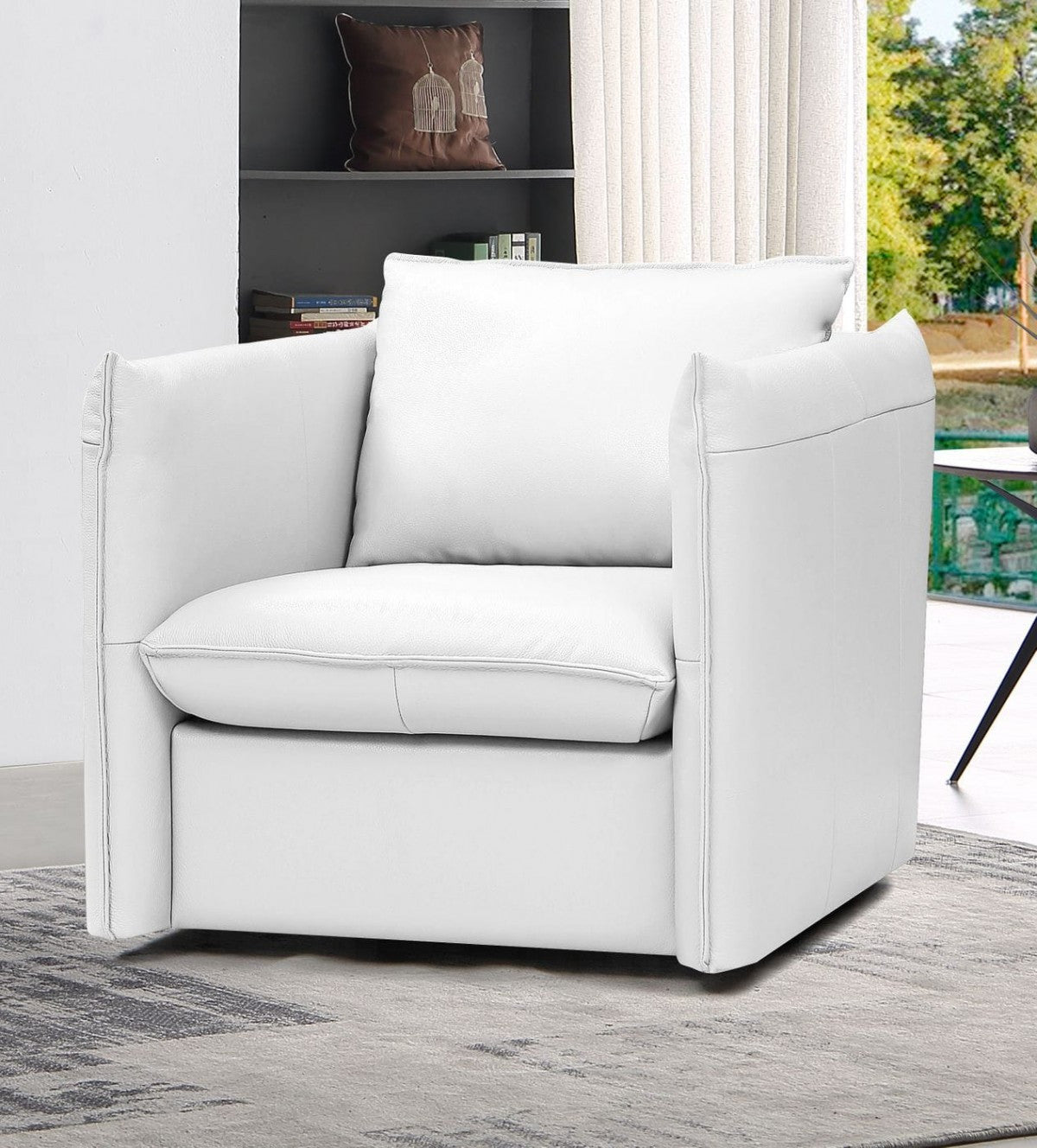 36" White And Silver Genuine Leather Swivel Lounge Chair-6