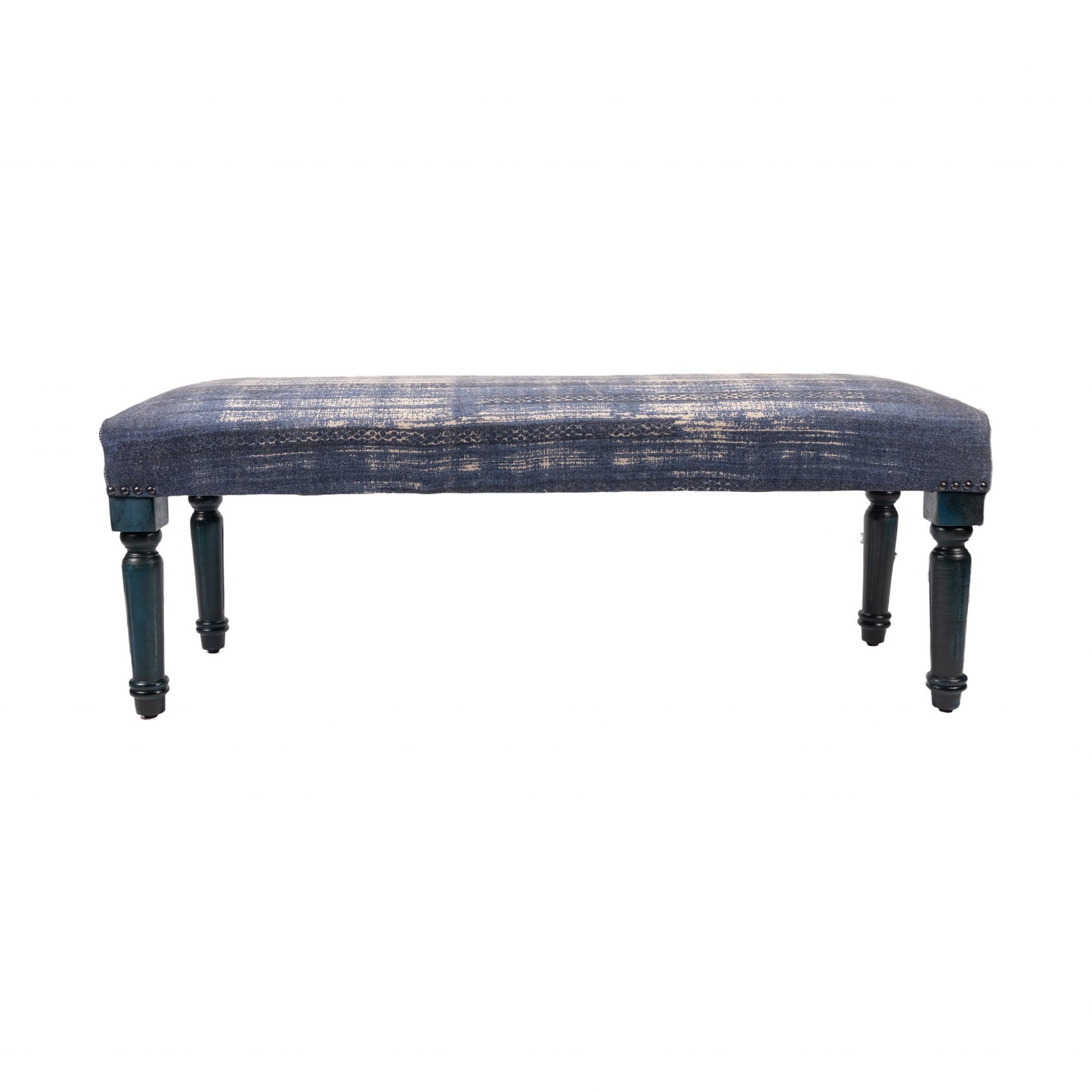 47" Blue And Cream Abstract Design Blue Leg Upholstered Bench-4