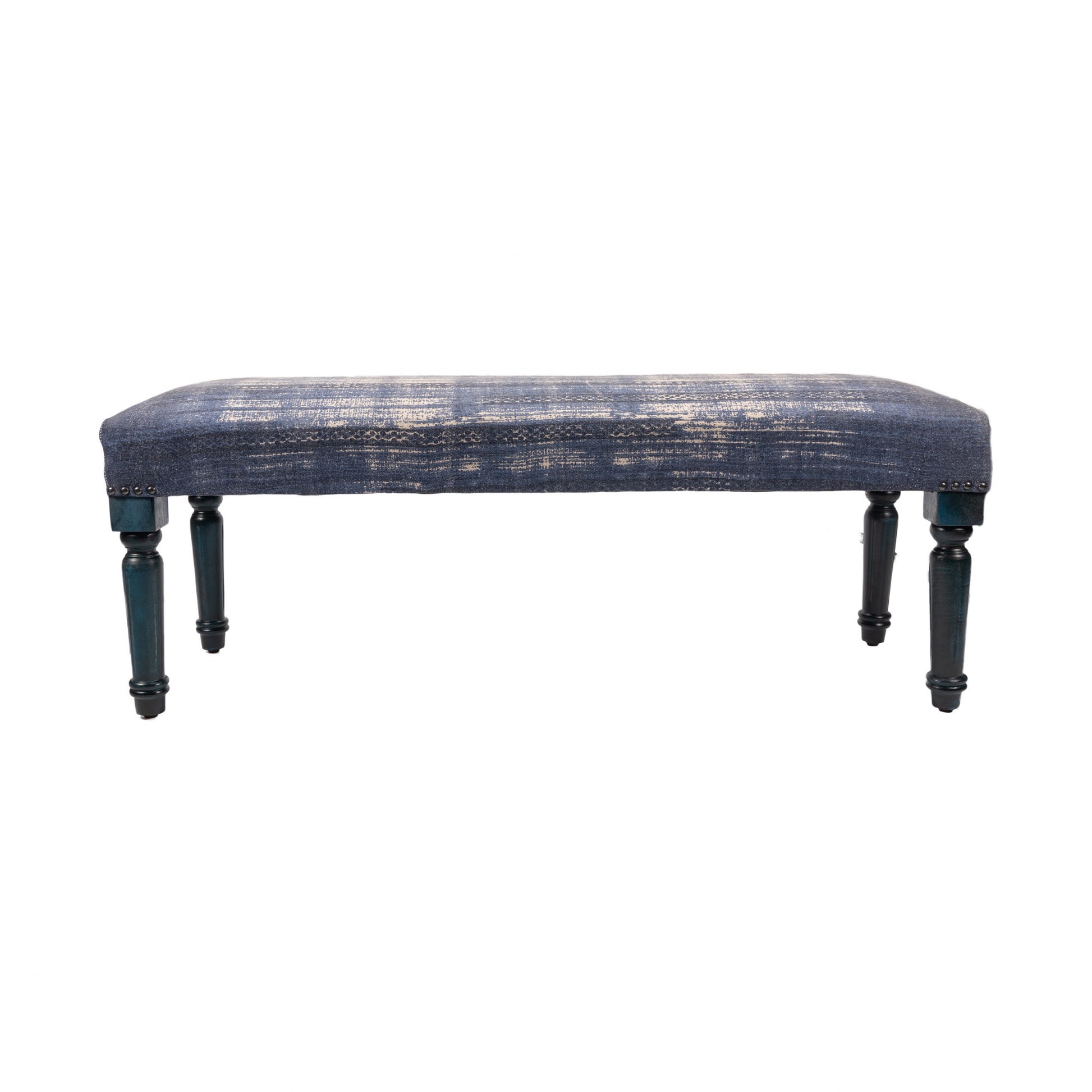 47" Blue And Cream Abstract Design Blue Leg Upholstered Bench-4